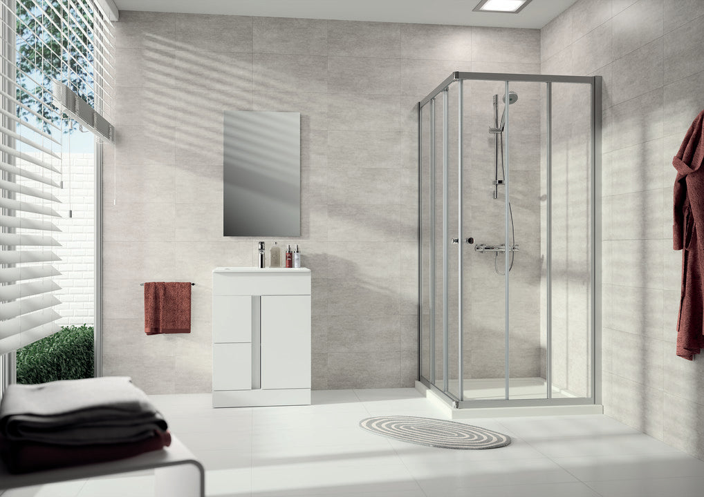 Alpha 2 partially framed Sliding door, 3-section corner entry A211