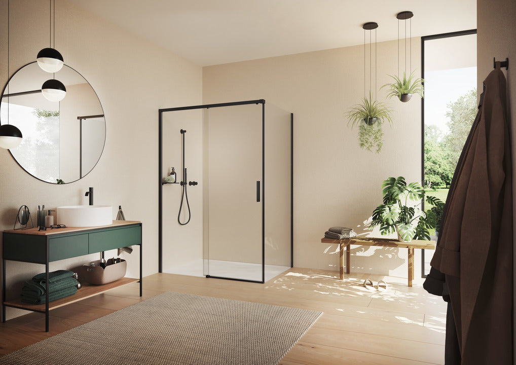 Vita pure partially framed Sliding door, 1-panel with fixed segment for recess and side panel VA00